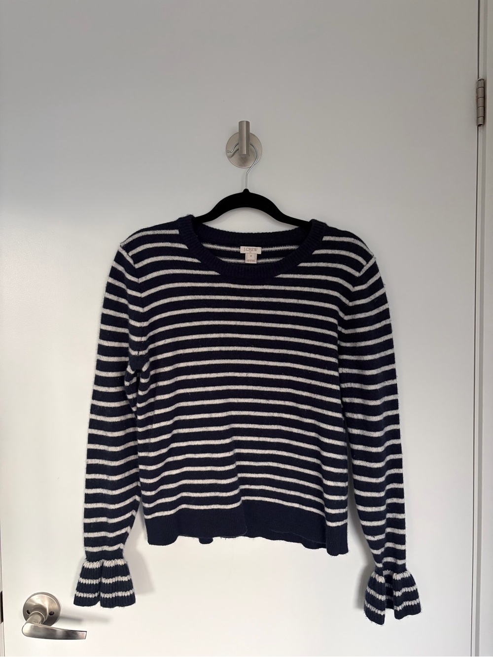 J.Crew Navy Ivory Striped Ruffle-Cuff Sweater M